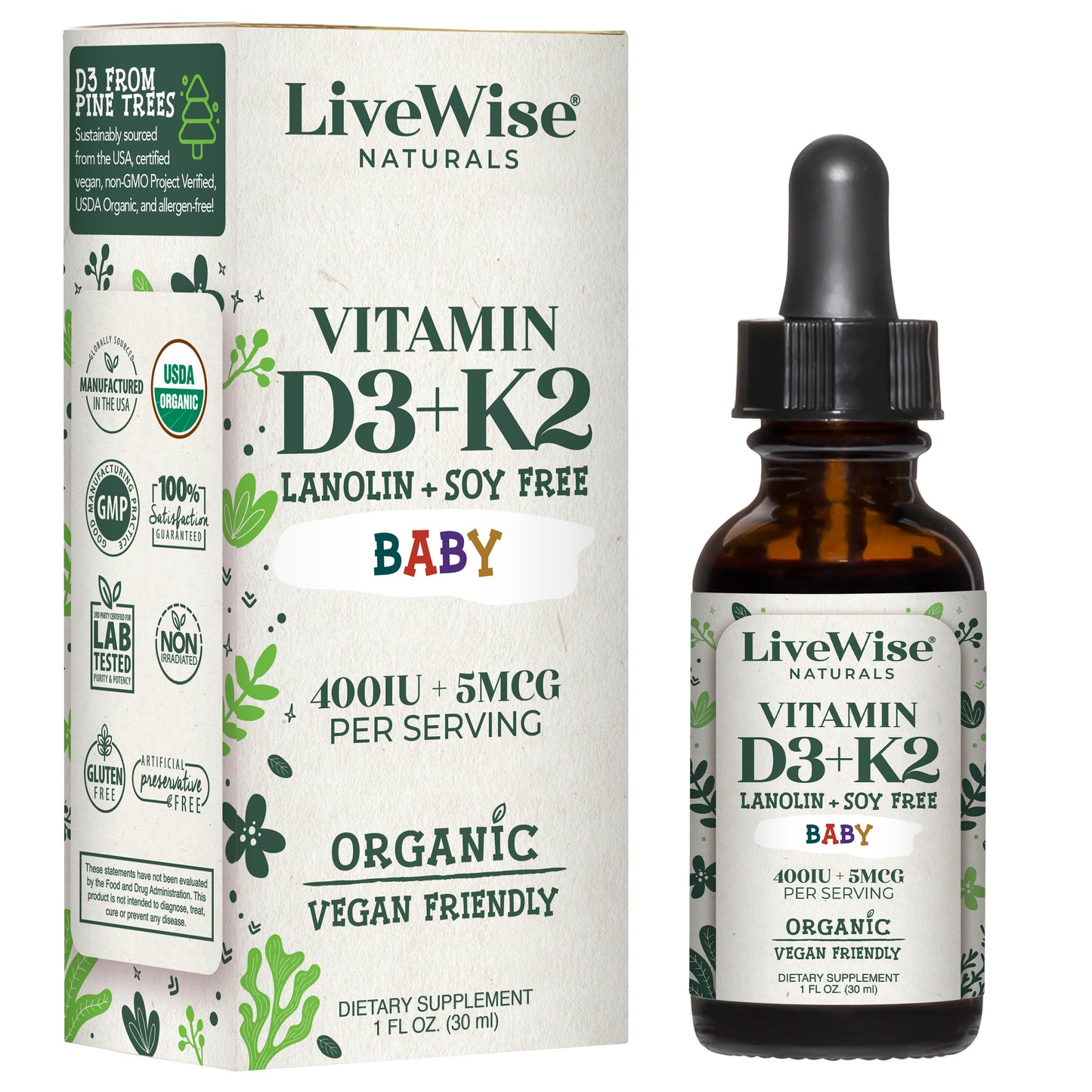 Vitamin D3+K2(MK-7) Liquid Drops - For Infants and Toddlers, - Vegan Friendly