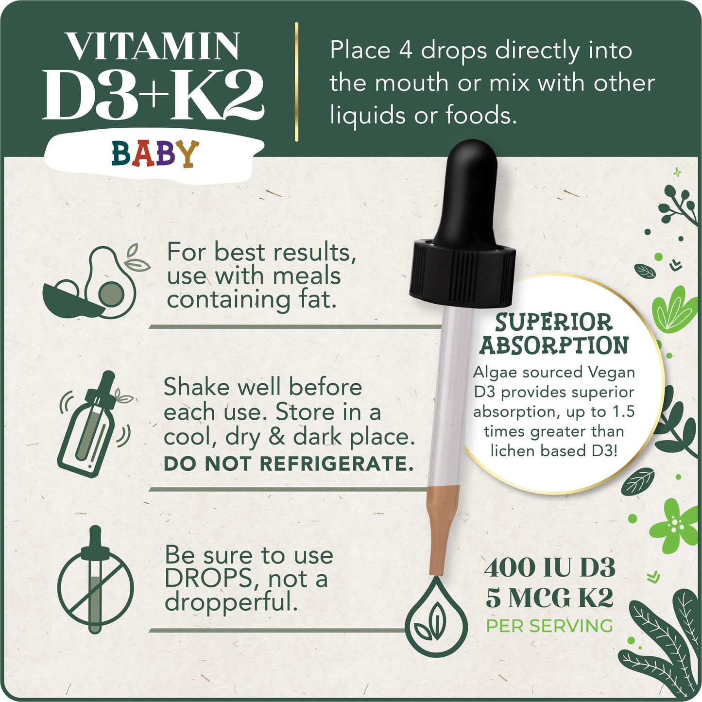 Vitamin D3+K2(MK-7) Liquid Drops - For Infants and Toddlers, - Vegan Friendly