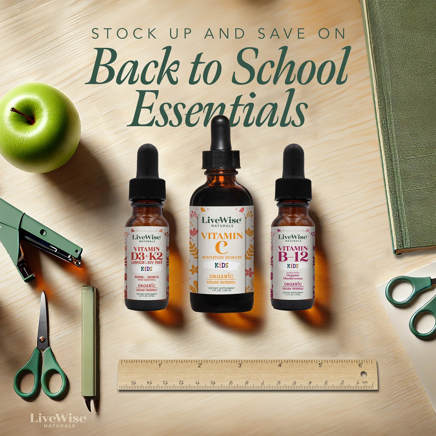 Back to School Bundle – Vitamin D3+K2, B12 & Omega-3 Drops for Kids' Immune & Brain Support