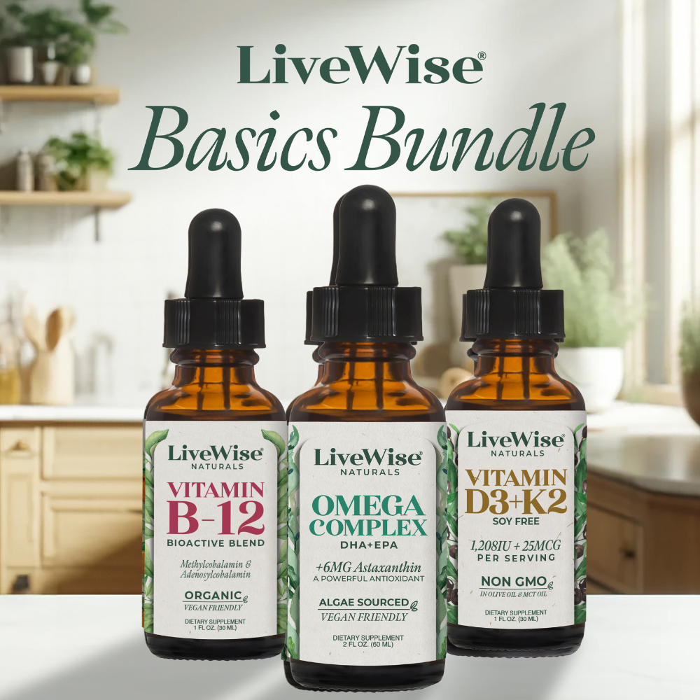 Live Wise Basic Bundle – Essential D3+K2, B12 & Omega Complex for Bone, Heart & Brain Health